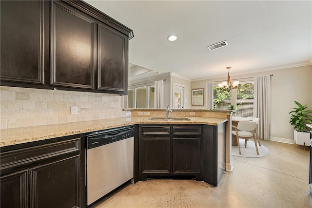 2706 Lake Rhapsody Dr, Corpus Christi, TX 78414 - kitchen with stainless steel dishwasher, a chandelier, ornamental molding, tasteful backsplash, and a peninsula