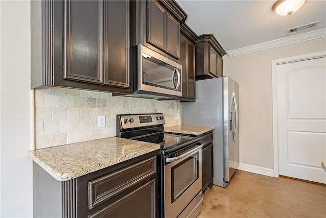2706 Lake Rhapsody Dr, Corpus Christi, TX 78414 - kitchen with stainless steel appliances, ornamental molding, tasteful backsplash, dark brown cabinetry, and light stone counters