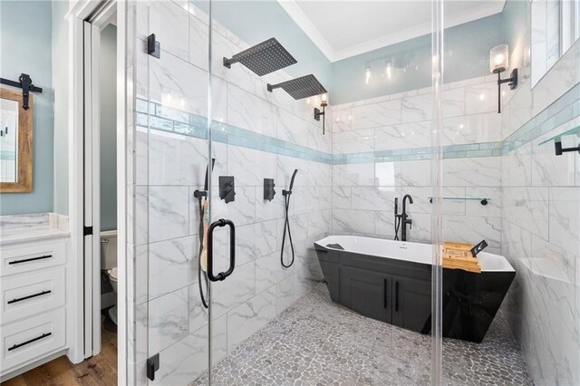 bathroom featuring hardwood / wood-style flooring, vanity, ornamental molding, an enclosed shower, and toilet