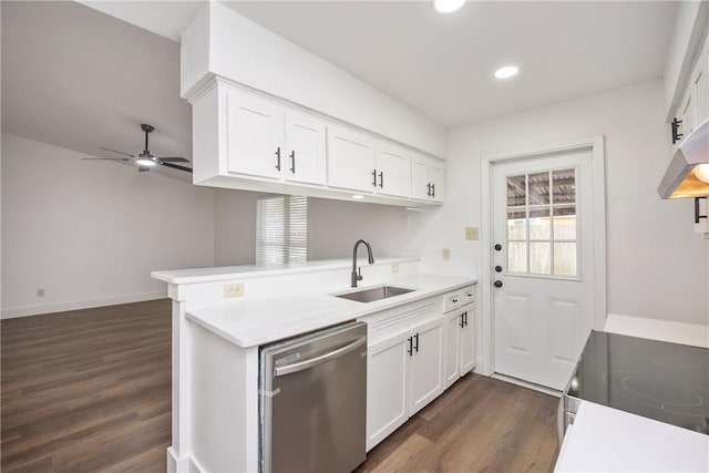 kitchen featuring dishwasher, white cabinets, ceiling fan, dark hardwood / wood-style flooring, and kitchen peninsula