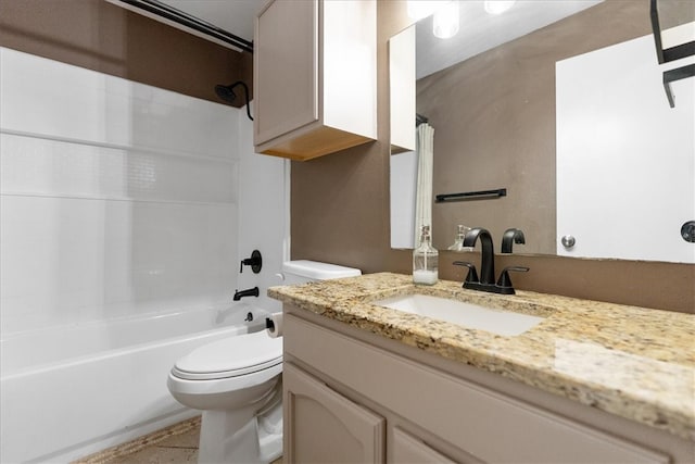 full bathroom with tile patterned flooring, vanity, bathtub / shower combination, and toilet