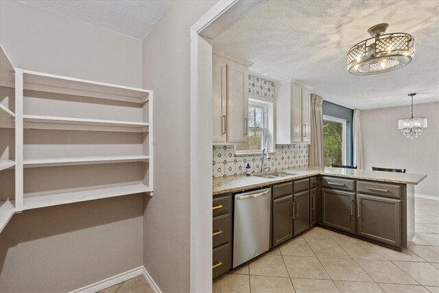 kitchen featuring dishwasher, sink, tasteful backsplash, decorative light fixtures, and a textured ceiling