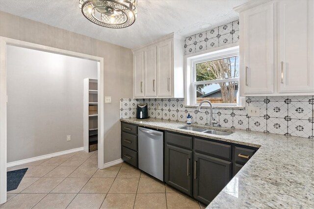 kitchen featuring dishwasher, backsplash, white cabinets, sink, and light stone countertops