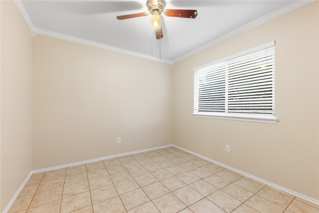 tiled spare room featuring ceiling fan and ornamental molding