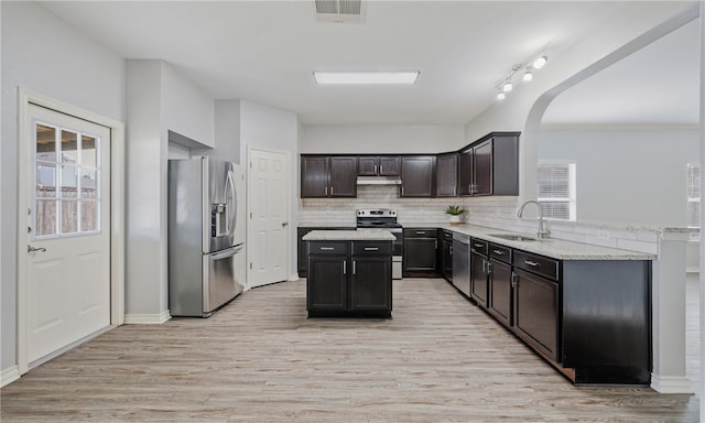 kitchen with under cabinet range hood, stainless steel appliances, a sink, visible vents, and backsplash