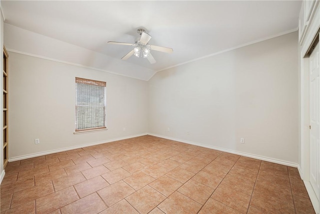 15929 San Felipe Dr, Corpus Christi, TX 78418 - spare room with a ceiling fan, baseboards, light tile patterned floors, lofted ceiling, and ornamental molding
