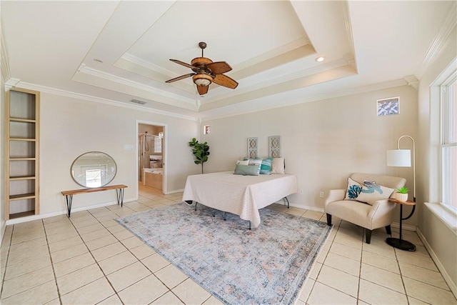 15929 San Felipe Dr, Corpus Christi, TX 78418 - bedroom with light tile patterned floors, ornamental molding, a raised ceiling, baseboards, and ceiling fan