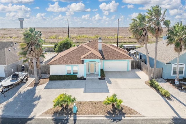 single story home with concrete driveway, fence, an attached garage, and stucco siding