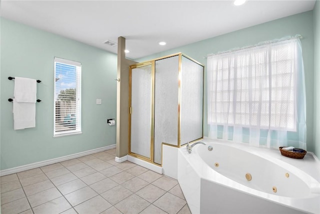 bathroom with a shower stall, tile patterned floors, a whirlpool tub, recessed lighting, and baseboards