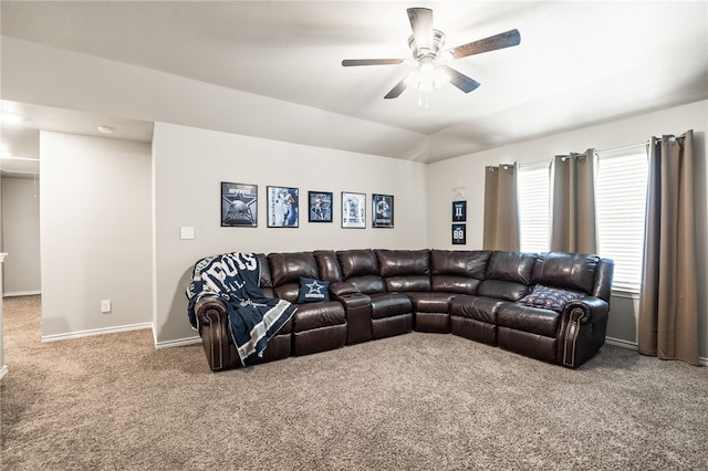 1345 Regents Park, Corpus Christi, TX 78415 - living room with carpet, a ceiling fan, baseboards, and vaulted ceiling