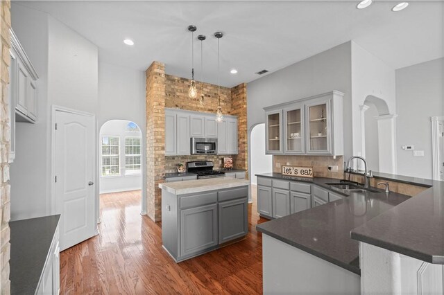 108 Black Diamond, Portland, TX 78374 - kitchen with appliances with stainless steel finishes, a sink, arched walkways, gray cabinets, and dark countertops