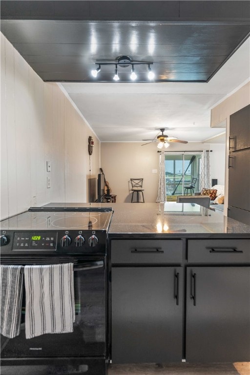 kitchen with black electric range, gray cabinetry, and ceiling fan