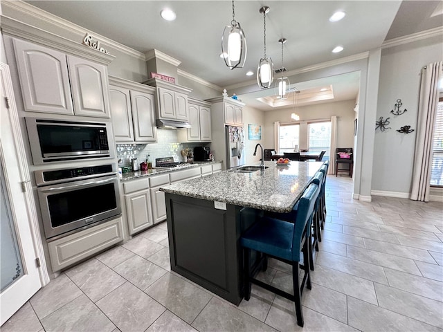 kitchen with stainless steel appliances, a center island with sink, light stone counters, and ornamental molding