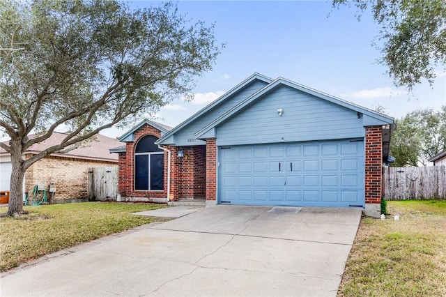 ranch-style house with a garage and a front lawn