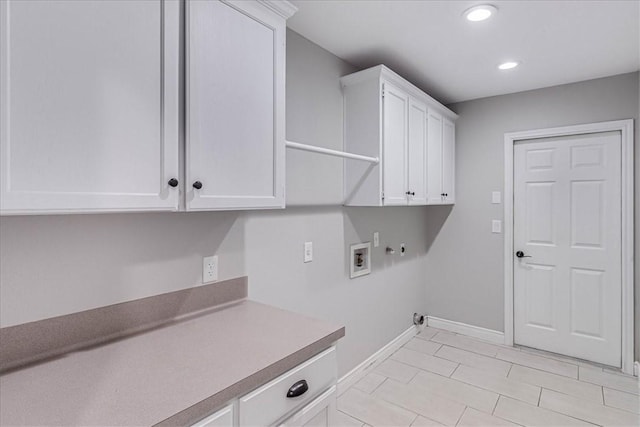 laundry room featuring hookup for a washing machine, hookup for a gas dryer, recessed lighting, baseboards, and cabinet space