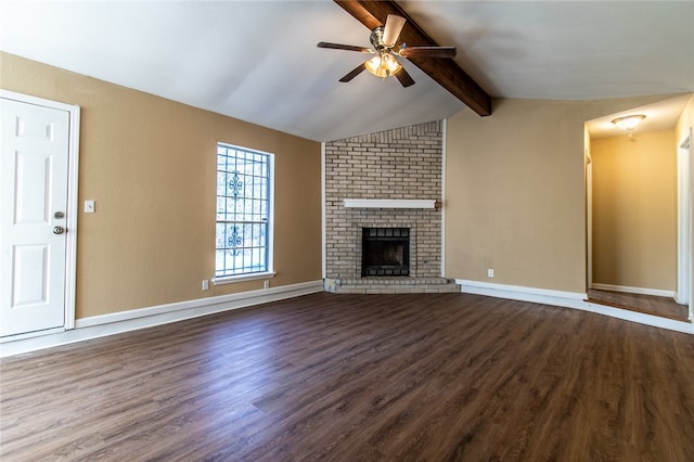 unfurnished living room featuring dark wood-type flooring, ceiling fan, vaulted ceiling with beams, and a fireplace