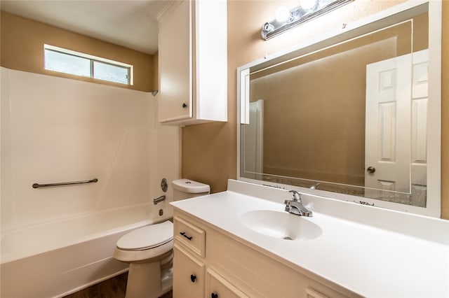 full bathroom featuring wood-type flooring, vanity, toilet, and shower / washtub combination