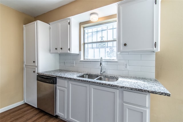 kitchen featuring white cabinetry, sink, dishwasher, and tasteful backsplash