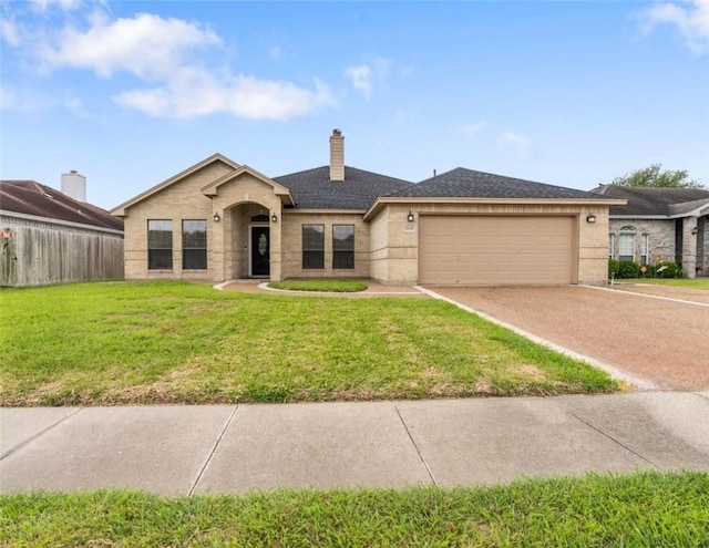 ranch-style home featuring fence, a garage, a front yard, a chimney, and driveway