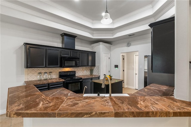 kitchen with crown molding, light tile patterned floors, a sink, black appliances, and dark cabinets