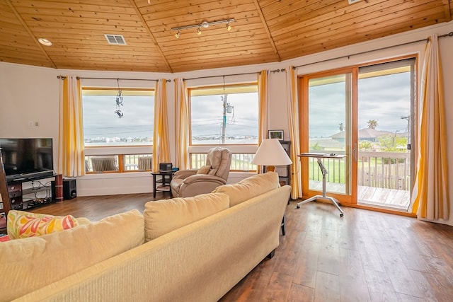 living room featuring wood-type flooring, vaulted ceiling, and wooden ceiling