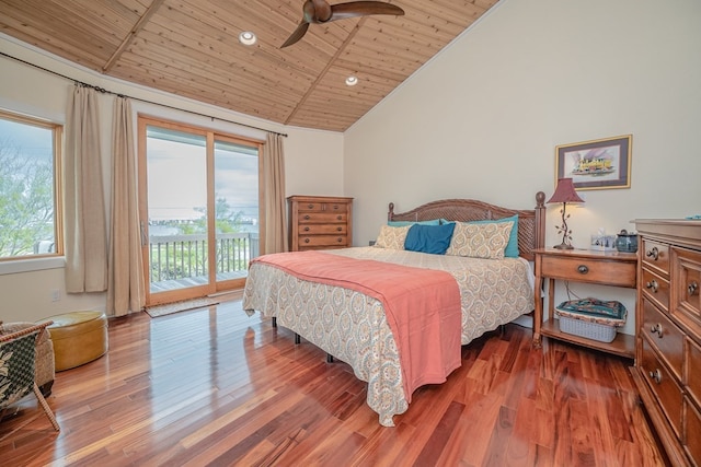 bedroom featuring access to exterior, hardwood / wood-style floors, ceiling fan, and wooden ceiling