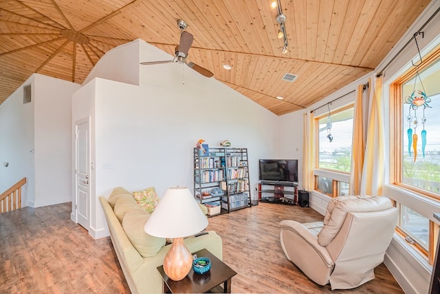 living room featuring wooden ceiling, ceiling fan, wood-type flooring, and lofted ceiling