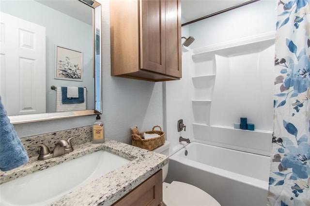 full bathroom featuring toilet, vanity, and shower / bath combo with shower curtain