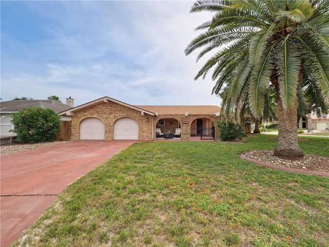 14350 Aquarius St, Corpus Christi, TX 78418 - single story home featuring a garage, a front yard, concrete driveway, a chimney, and brick siding