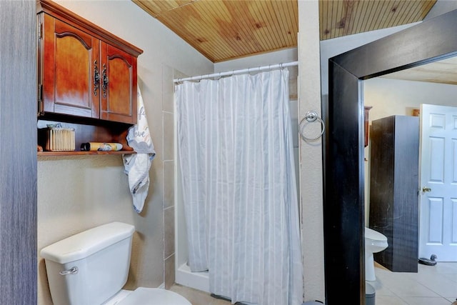 1820 16th St, Rockport, TX 78382 - bathroom featuring toilet, a shower stall, wooden ceiling, and tile patterned flooring