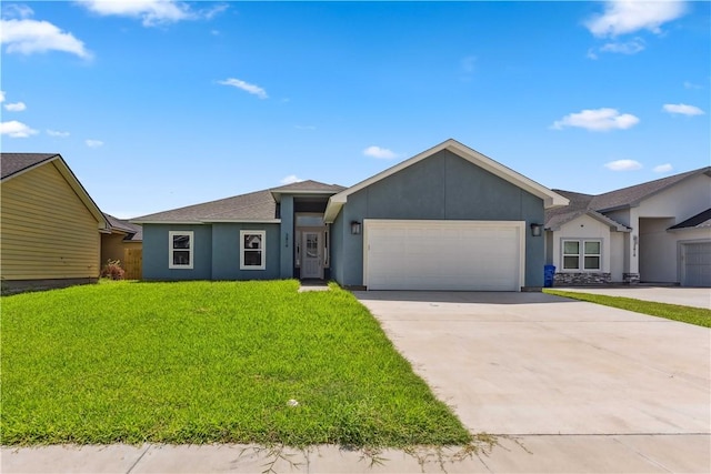 ranch-style house with a front lawn and a garage