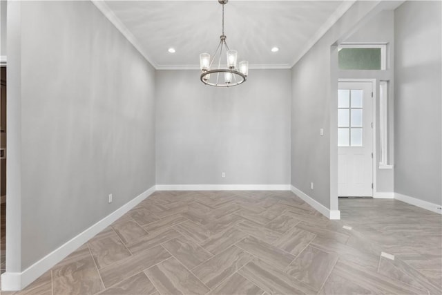 unfurnished dining area with a notable chandelier and crown molding