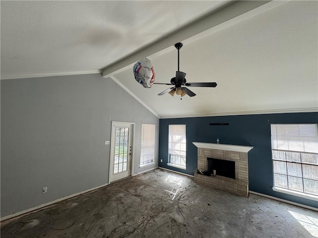 unfurnished living room featuring baseboards, ceiling fan, lofted ceiling with beams, ornamental molding, and a fireplace