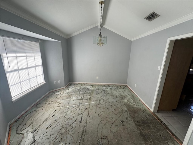 unfurnished dining area featuring visible vents, baseboards, ornamental molding, vaulted ceiling, and an inviting chandelier