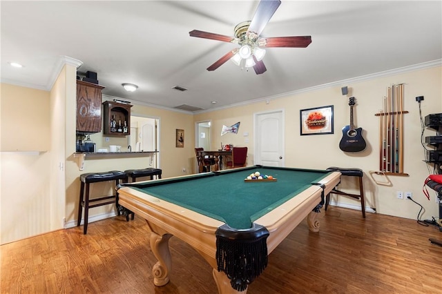 1725 Cliff Maus, Corpus Christi, TX 78416 - playroom featuring pool table, wood finished floors, crown molding, a ceiling fan, and bar area