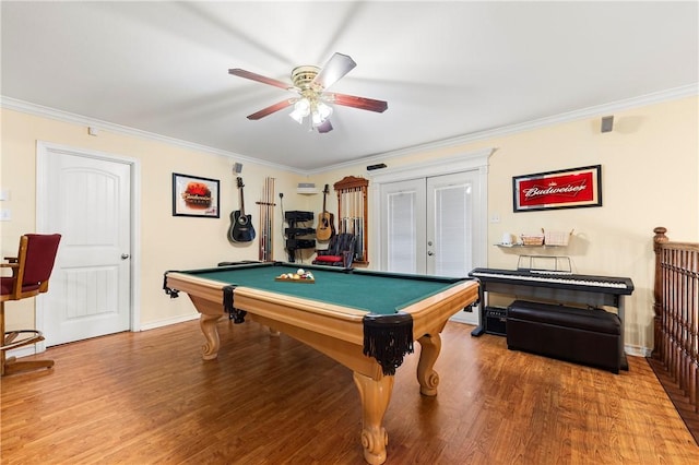 1725 Cliff Maus, Corpus Christi, TX 78416 - playroom featuring ornamental molding, a ceiling fan, pool table, wood finished floors, and french doors