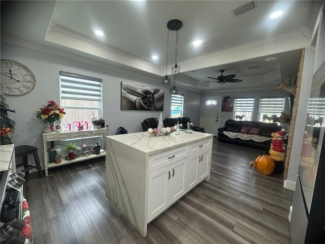 2774 Dallas Ave, Ingleside, TX 78362 - kitchen with a raised ceiling, ceiling fan, white cabinets, open floor plan, and crown molding