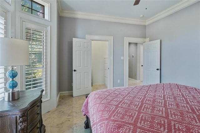 bedroom with multiple windows, ceiling fan, and crown molding