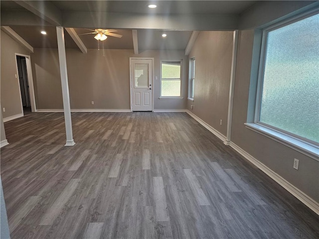 4134 Sierra St, Corpus Christi, TX 78410 - unfurnished living room with wood finished floors, a ceiling fan, and beamed ceiling