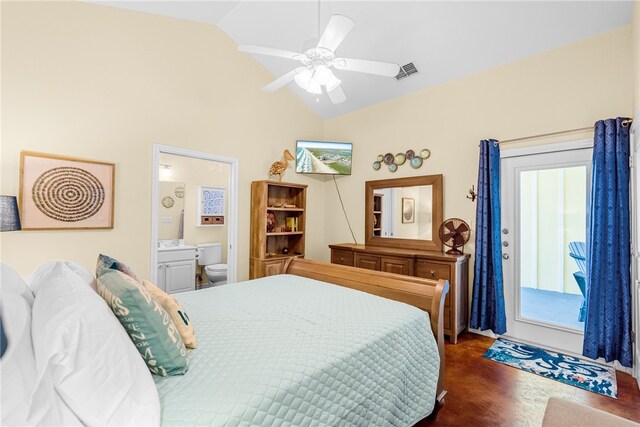 bedroom with dark wood-type flooring, lofted ceiling, ceiling fan, and ensuite bathroom