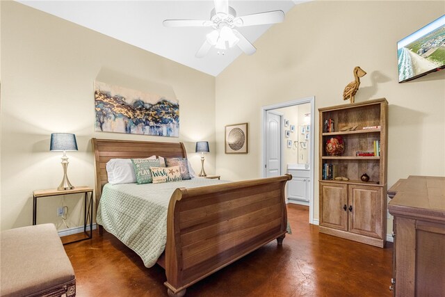 bedroom with ceiling fan, ensuite bath, and high vaulted ceiling