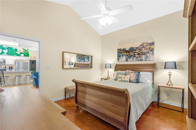 bedroom with high vaulted ceiling, hardwood / wood-style floors, ceiling fan, and stainless steel refrigerator