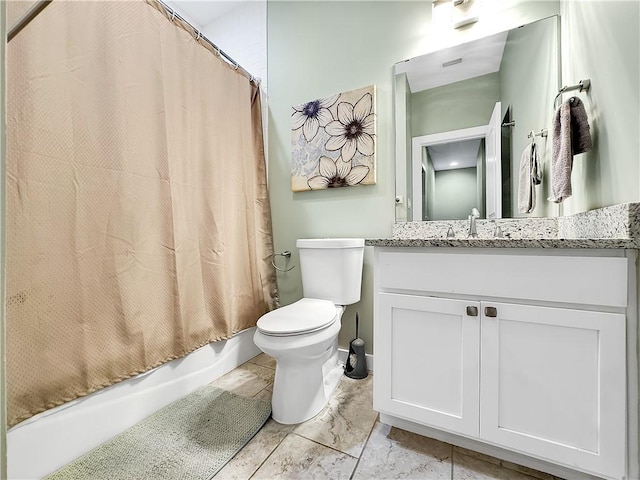 14307 Ridley Way, Corpus Christi, TX 78418 - full bathroom with toilet, shower / bath combo with shower curtain, vanity, and marble look tile flooring