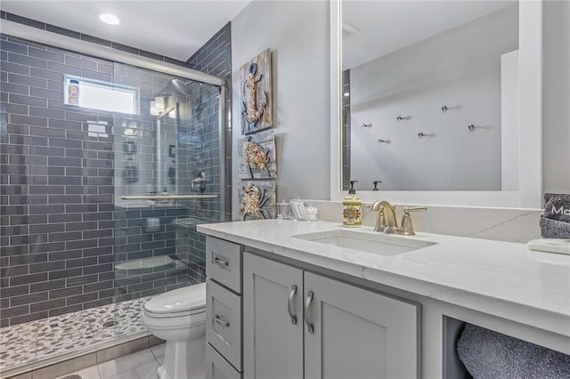 full bathroom with toilet, tile patterned floors, a shower stall, and vanity