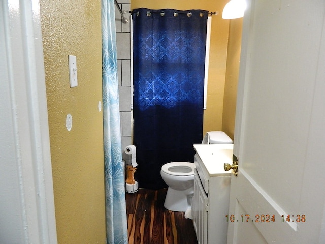 bathroom with wood-type flooring, vanity, and toilet