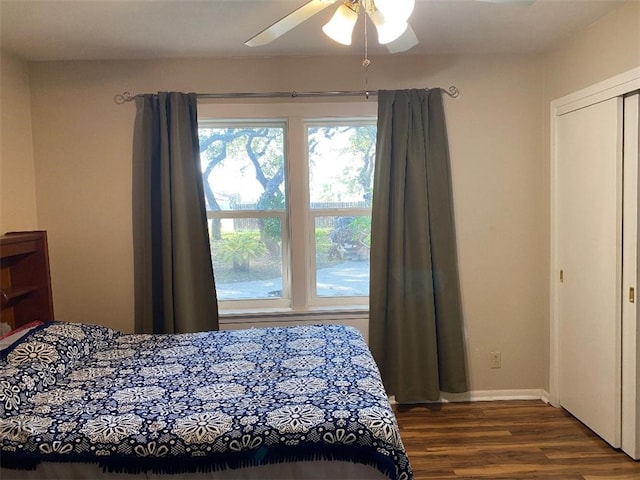 bedroom with dark hardwood / wood-style flooring, a closet, and ceiling fan