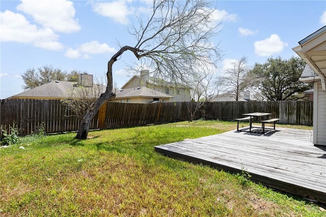 view of yard with a fenced backyard and a deck