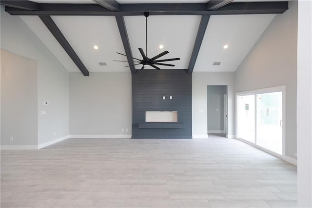 unfurnished living room featuring beam ceiling, ceiling fan, light hardwood / wood-style flooring, high vaulted ceiling, and a fireplace