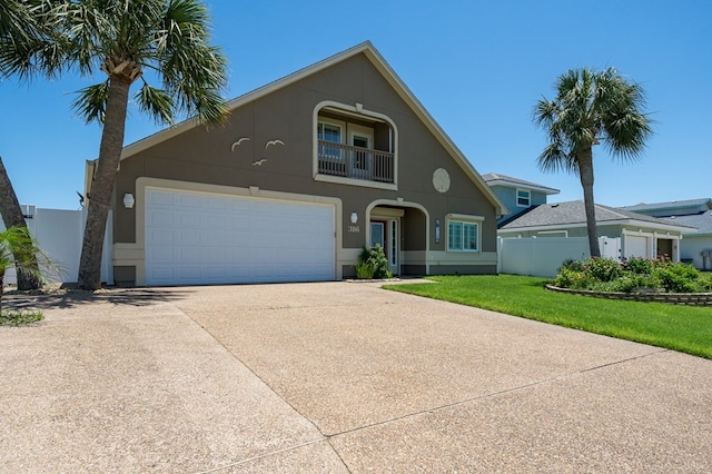 view of front of house featuring a front lawn, fence, concrete driveway, stucco siding, and a balcony