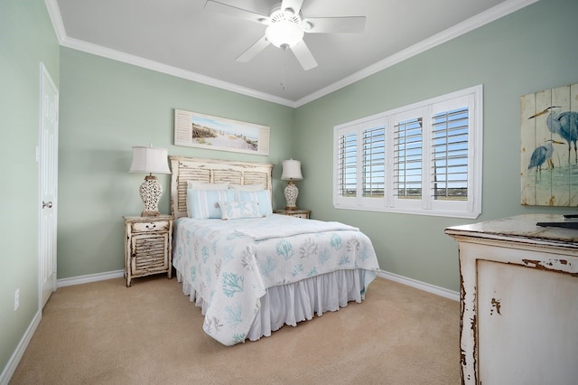 bedroom with baseboards, ornamental molding, and carpet flooring